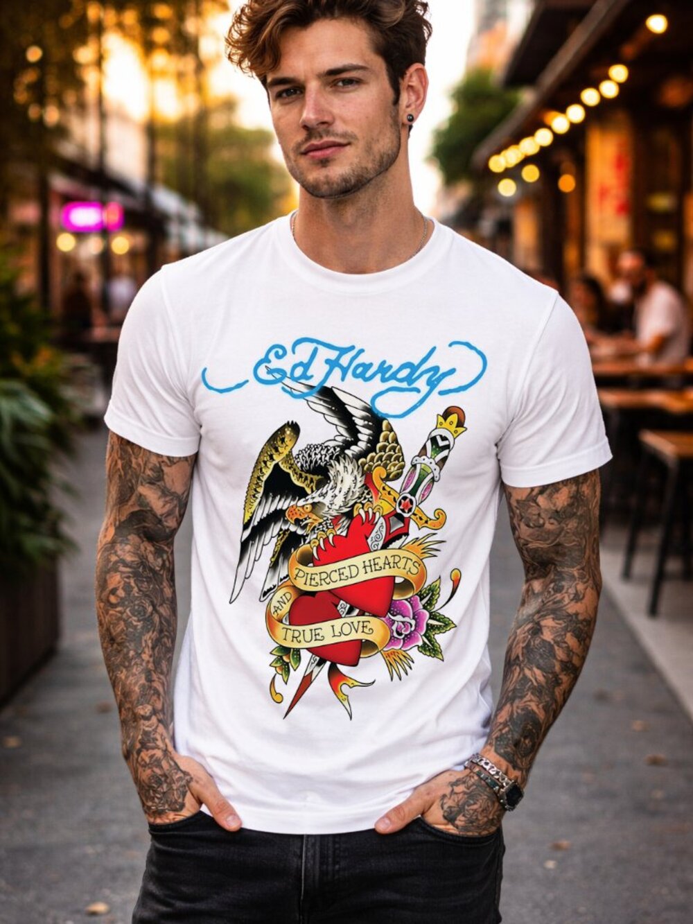 Ed Hardy Pierced Hearts True Love Graphic T-Shirt | Tattoo Style Eagle Heart Tee